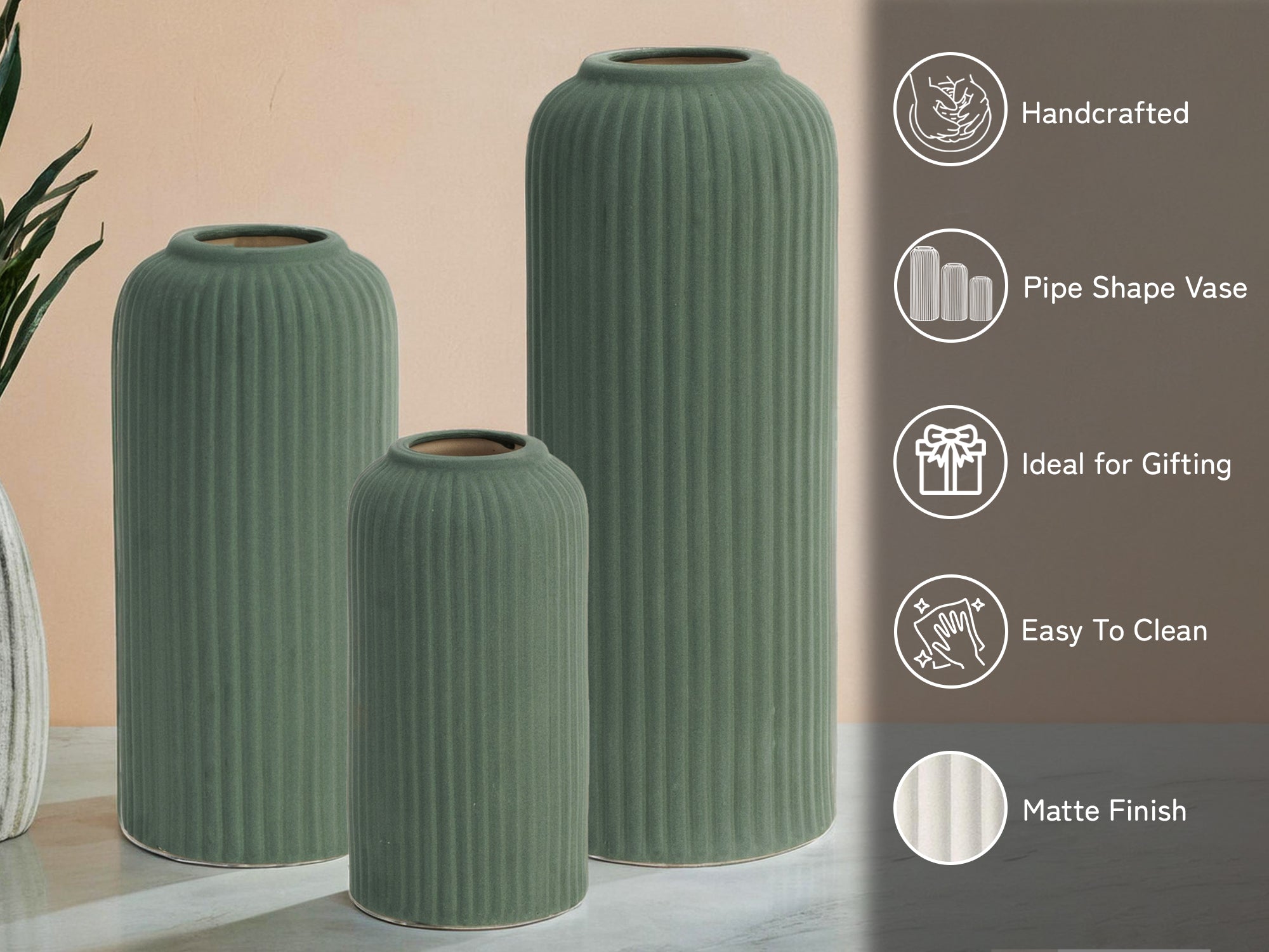 Forest Green Premium Ceramic Pipe Vase Set of 3