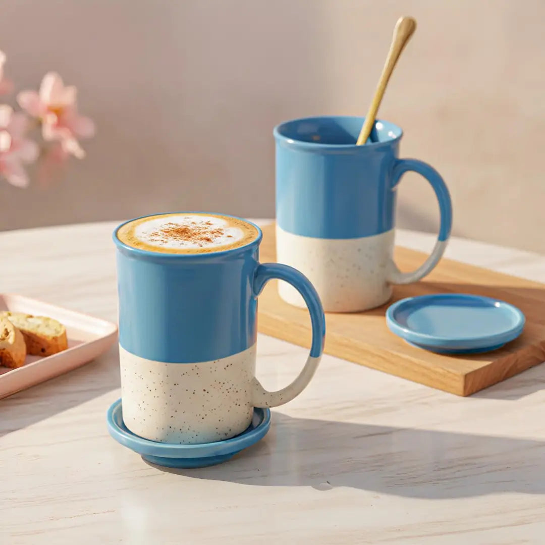 Blue Ceramic Mug with Coaster Hand-Glazed 300ml Tea & Coffee Cup Set of 2 Bodhi House