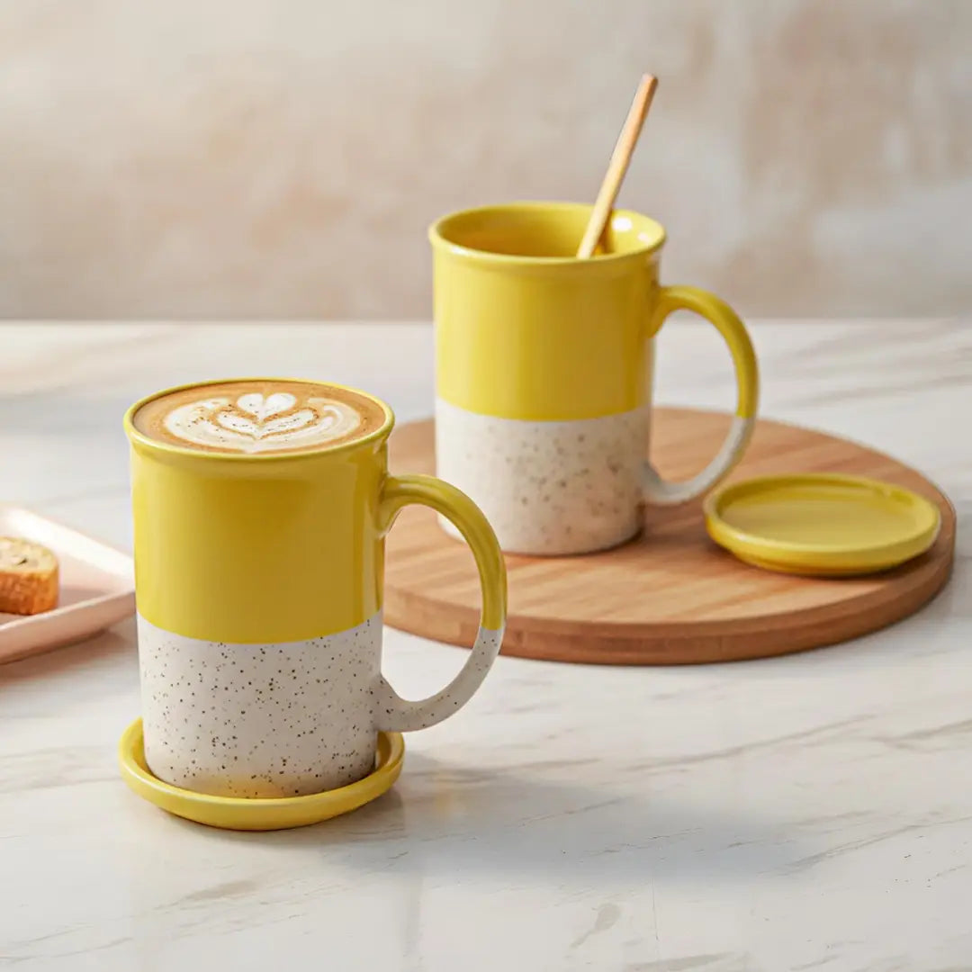 Yellow Ceramic Mug with Coaster Hand-Glazed 300ml Tea & Coffee Cup Set of 2 Bodhi House
