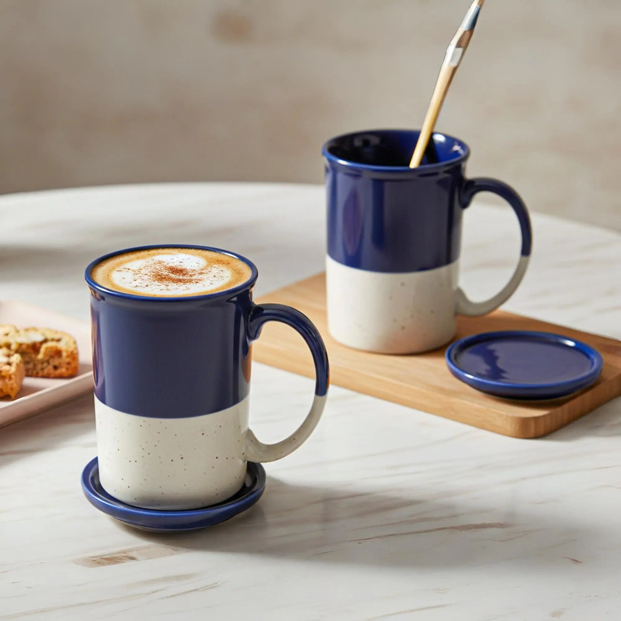 Dark Blue Ceramic Mug with Coaster Hand-Glazed 300ml Tea & Coffee Cup Set of 2 Bodhi House