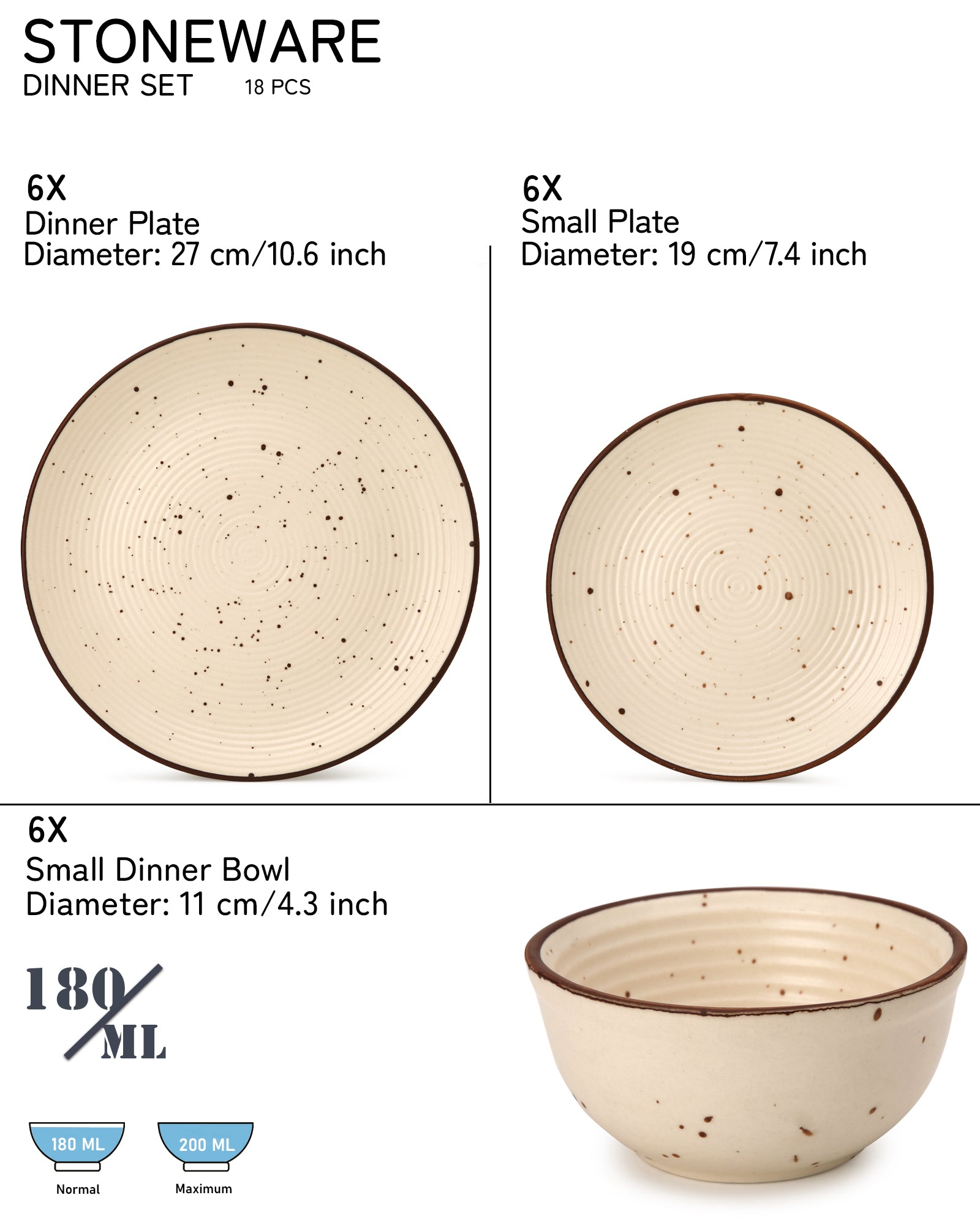 Frost Ceramic Dinner Set of 18 Pieces - 6 Dinner Plates, 6 Small Plates, 6 Bowl/Katori