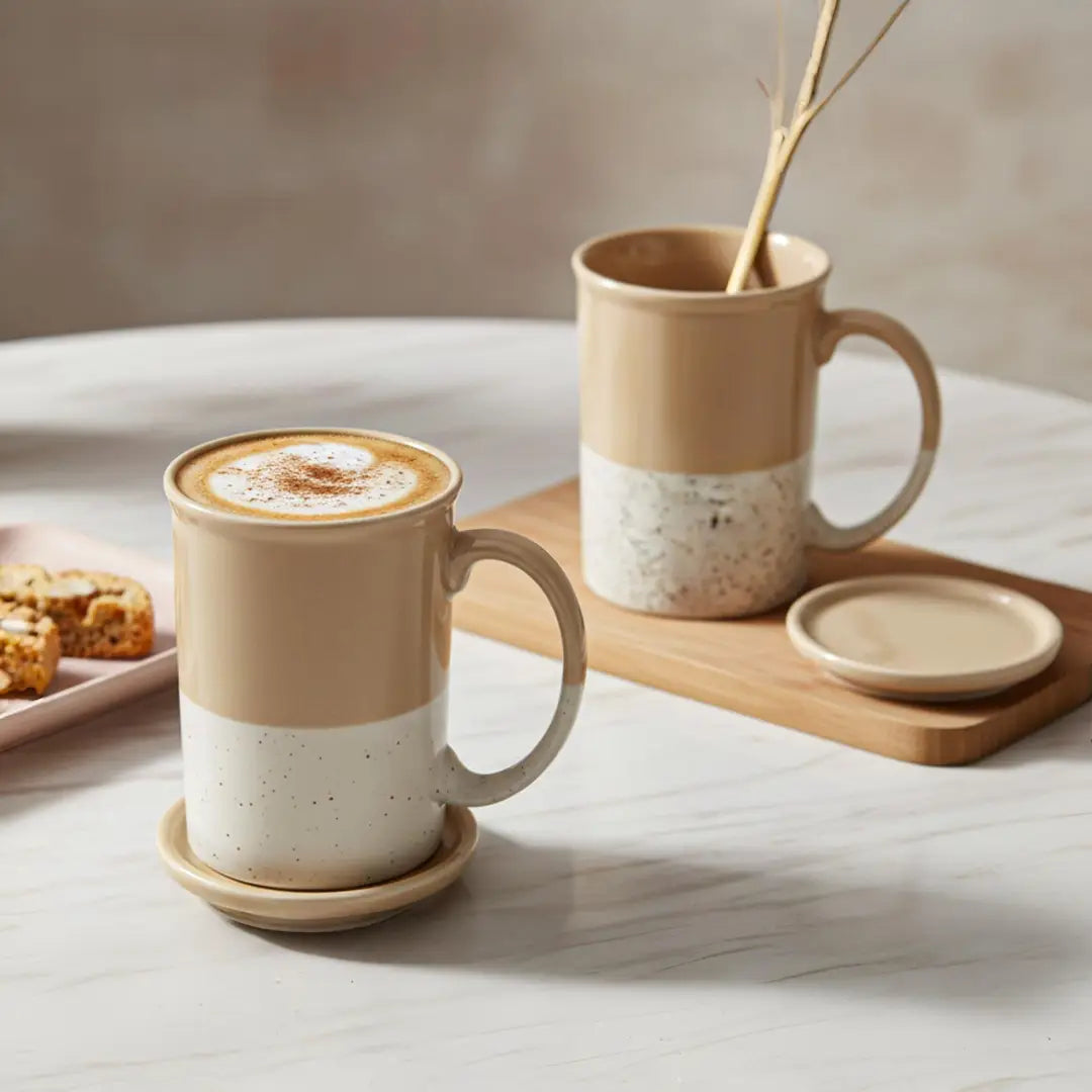 Beige Ceramic Mug with Coaster Hand-Glazed 300ml Tea & Coffee Cup Set of 2 Bodhi House