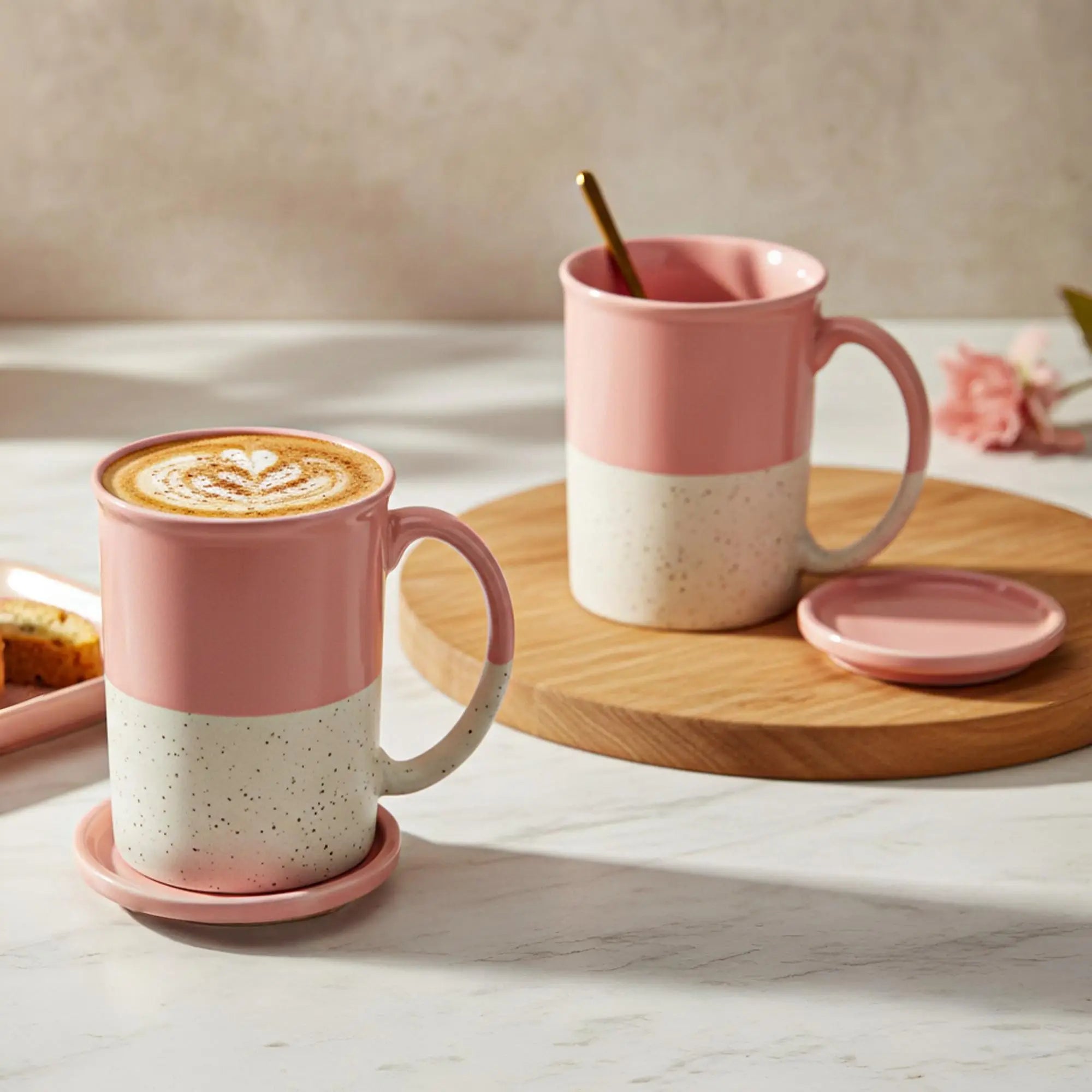 Pink Ceramic Mug with Coaster Hand-Glazed 300ml Tea & Coffee Cup Set of 2 Bodhi House