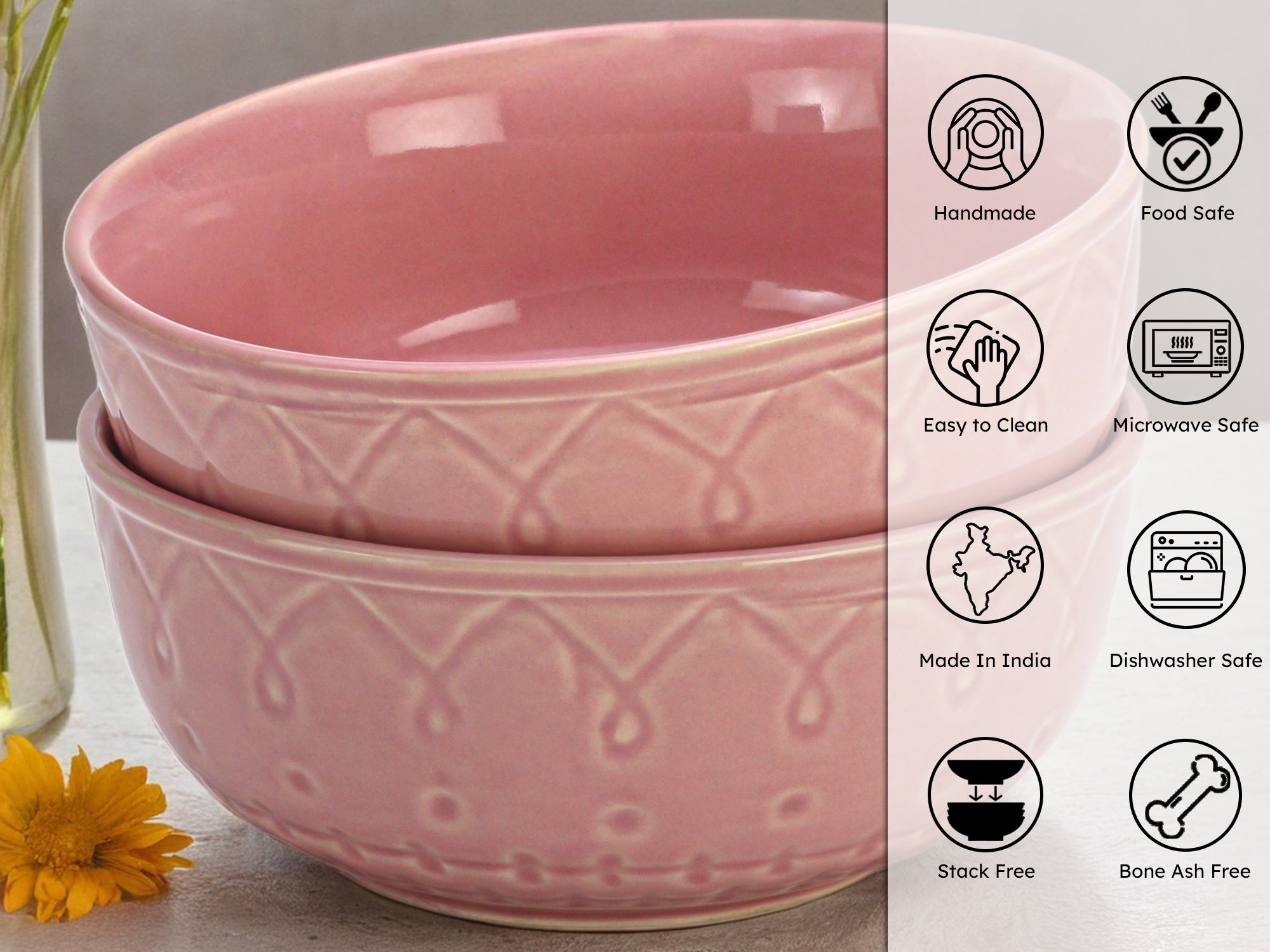 Light Pink Emboss Ceramic Serving Bowls Set of 2