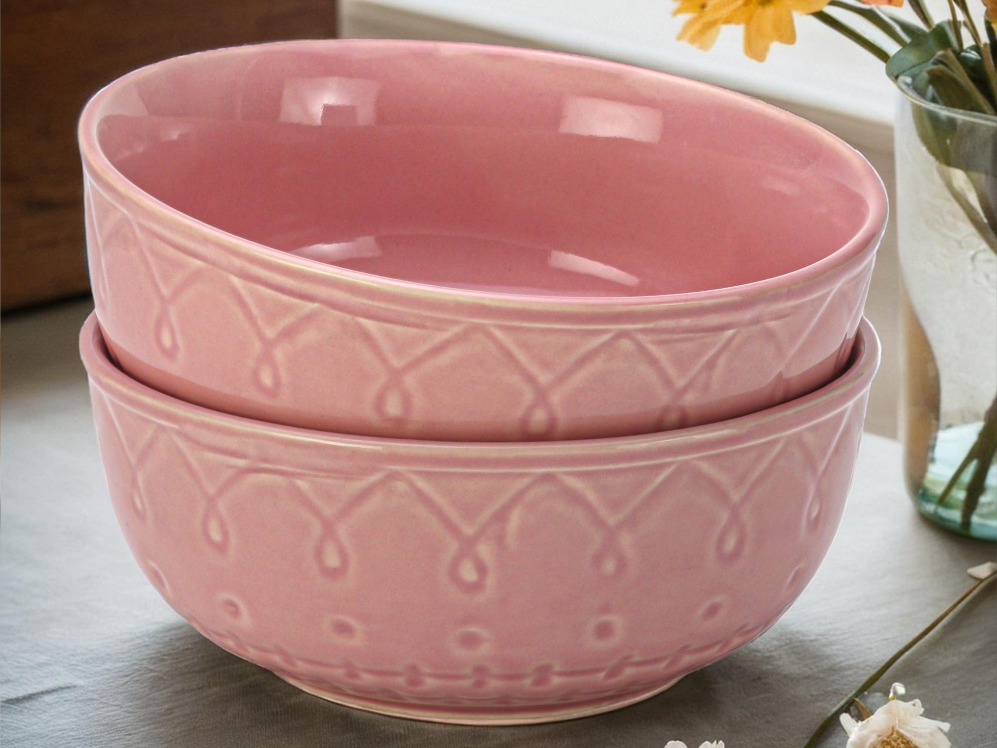 Light Pink Emboss Ceramic Serving Bowls Set of 2