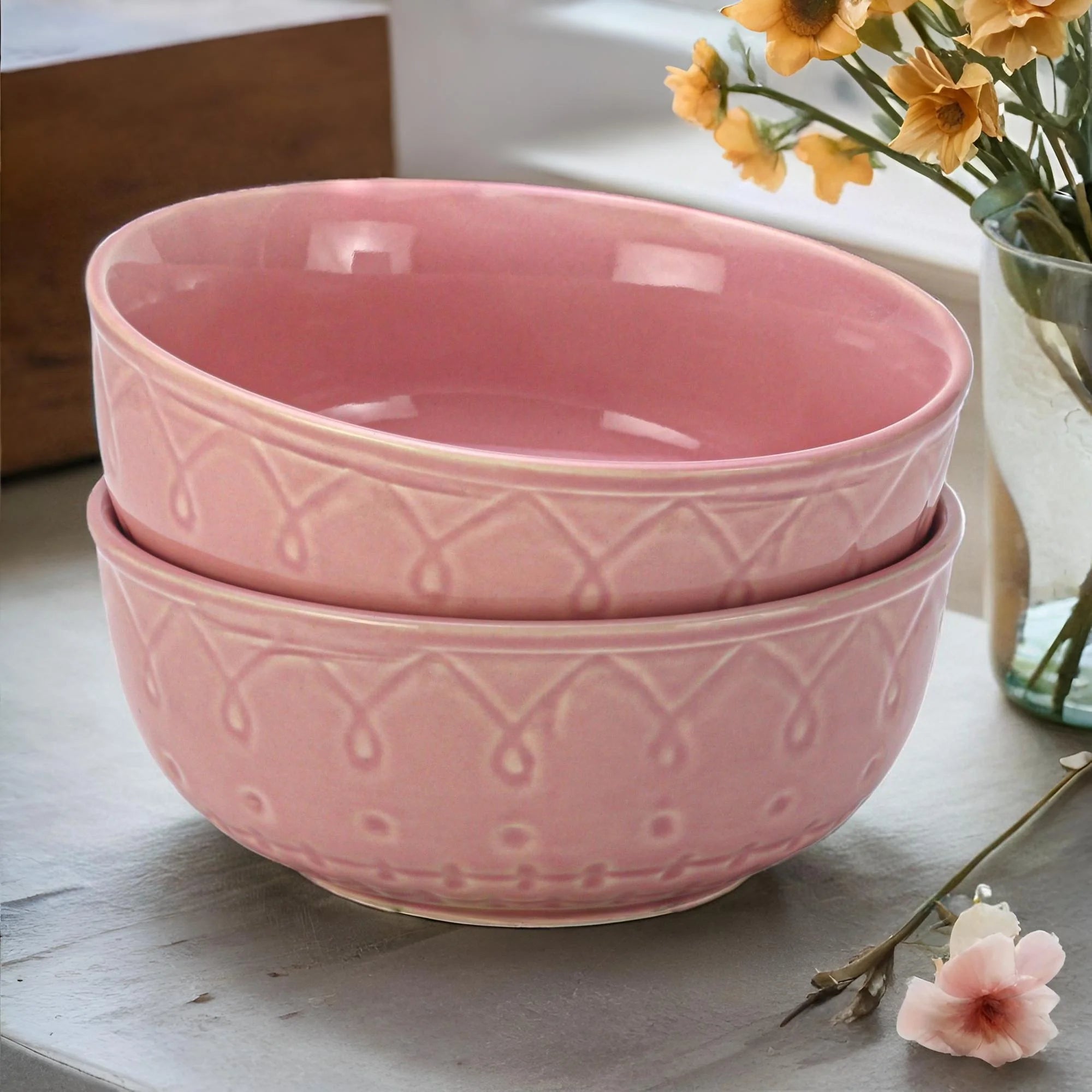 Light Pink Emboss Ceramic Serving Bowls Set of 2 Bodhi House
