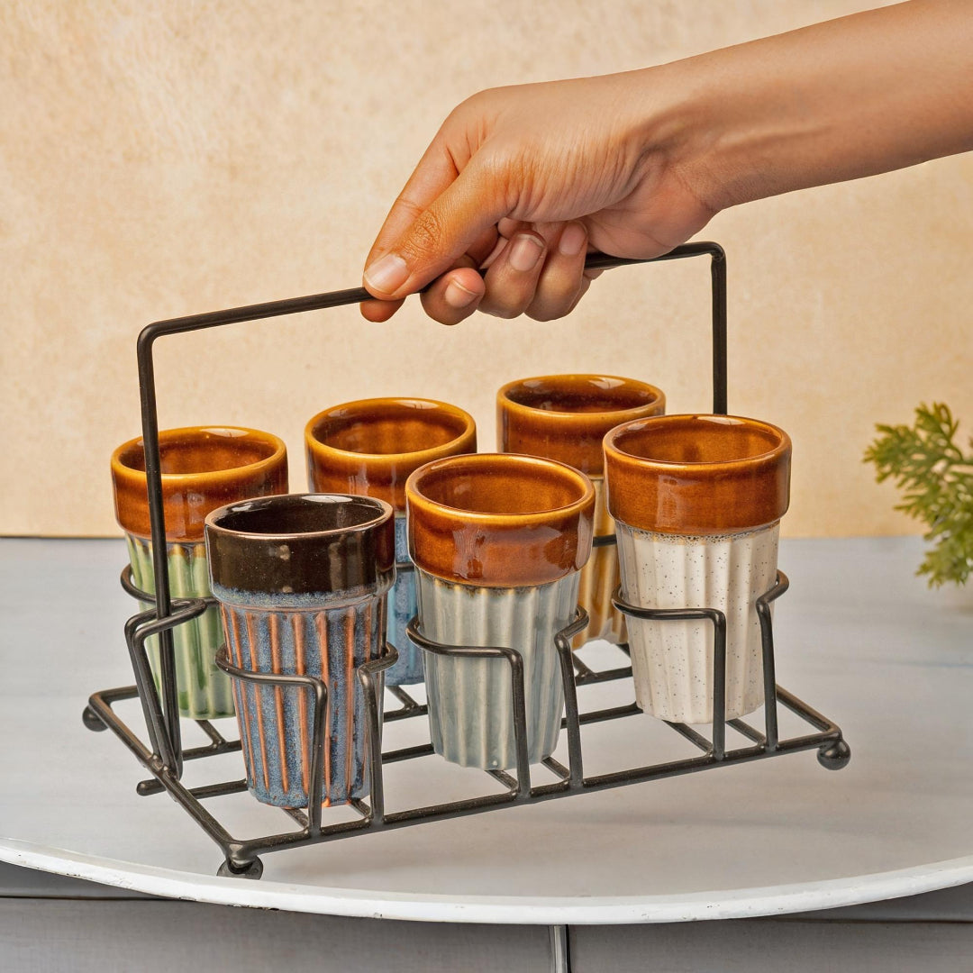 Ceramic Cutting Chai Glasses Set of 6 Piece with Foldable Iron Stand Holder Bodhi House