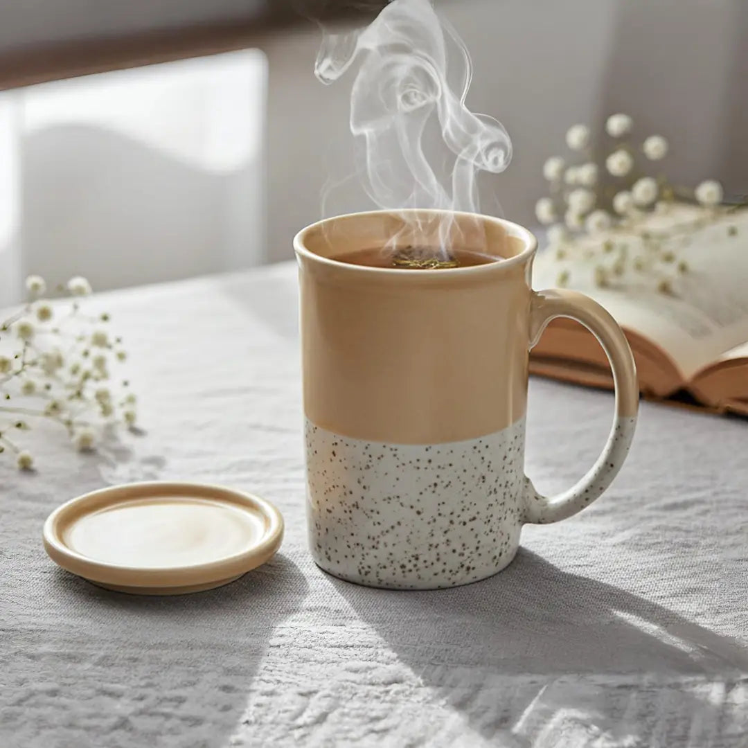Beige Ceramic Mug with Coaster Hand-Glazed 300ml Tea & Coffee Cup Set of 1 Bodhi House