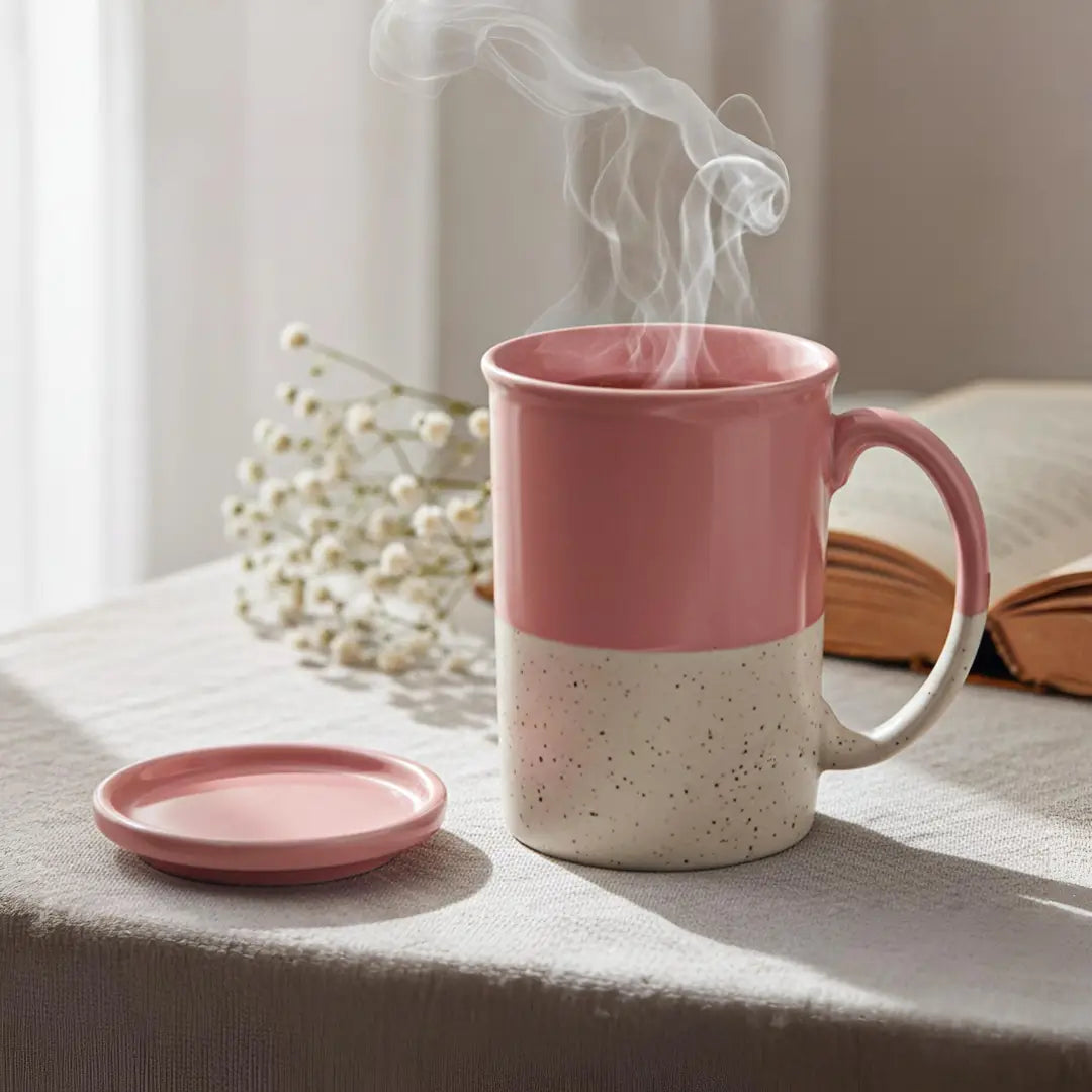 Pink Ceramic Mug with Coaster Hand-Glazed 300ml Tea & Coffee Cup Set of 1 Bodhi House