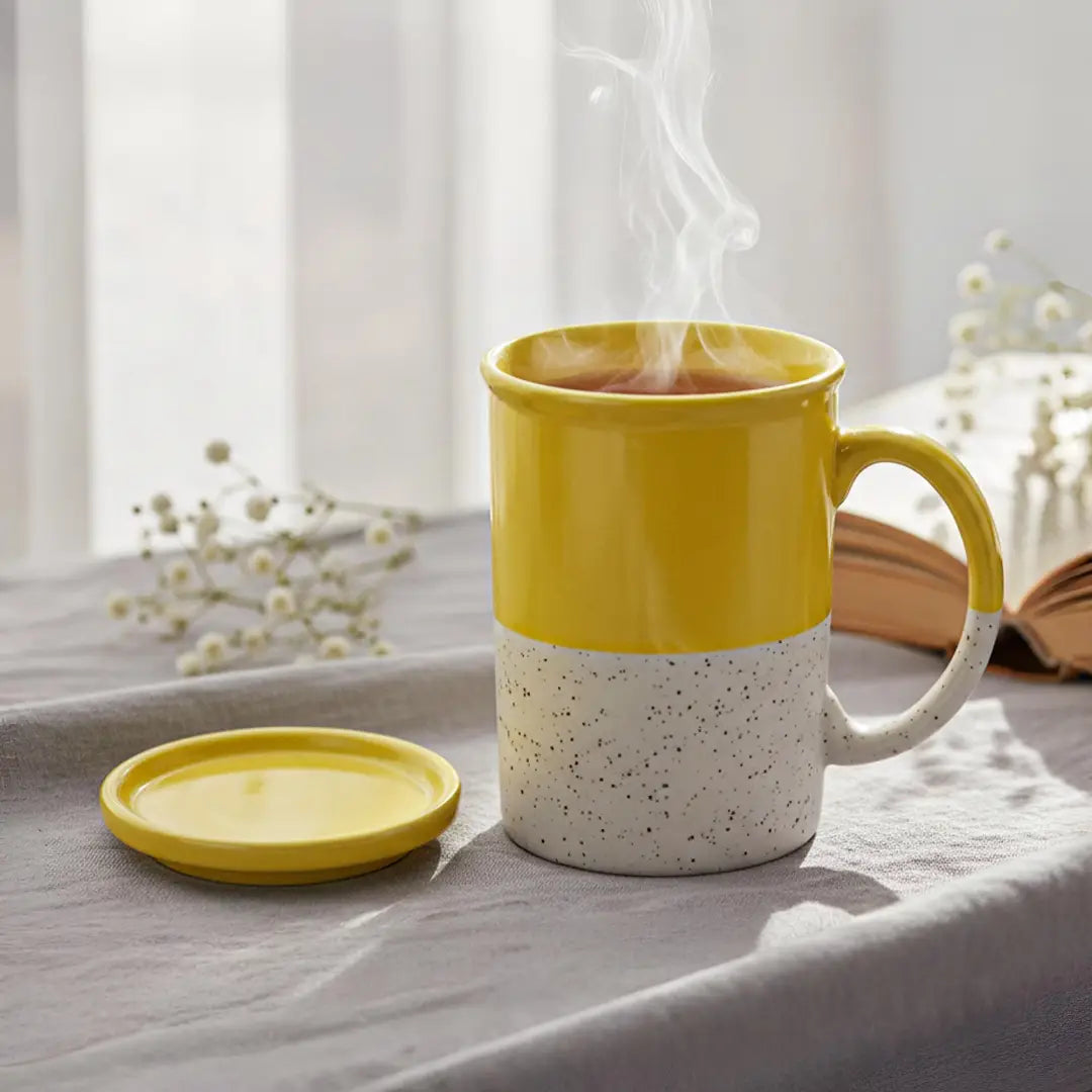 Yellow Ceramic Mug with Coaster Hand-Glazed 300ml Tea & Coffee Cup Set of 1 Bodhi House