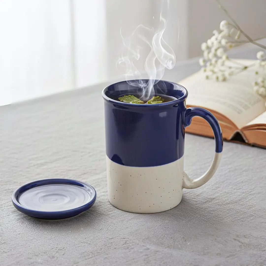 Dark Blue Ceramic Mug with Coaster Hand-Glazed 300ml Tea & Coffee Cup Set of 1 Bodhi House
