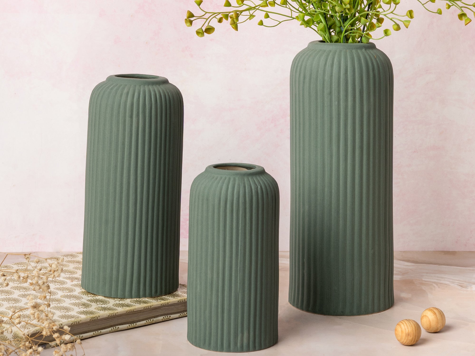 Forest Green Premium Ceramic Pipe Vase Set of 3