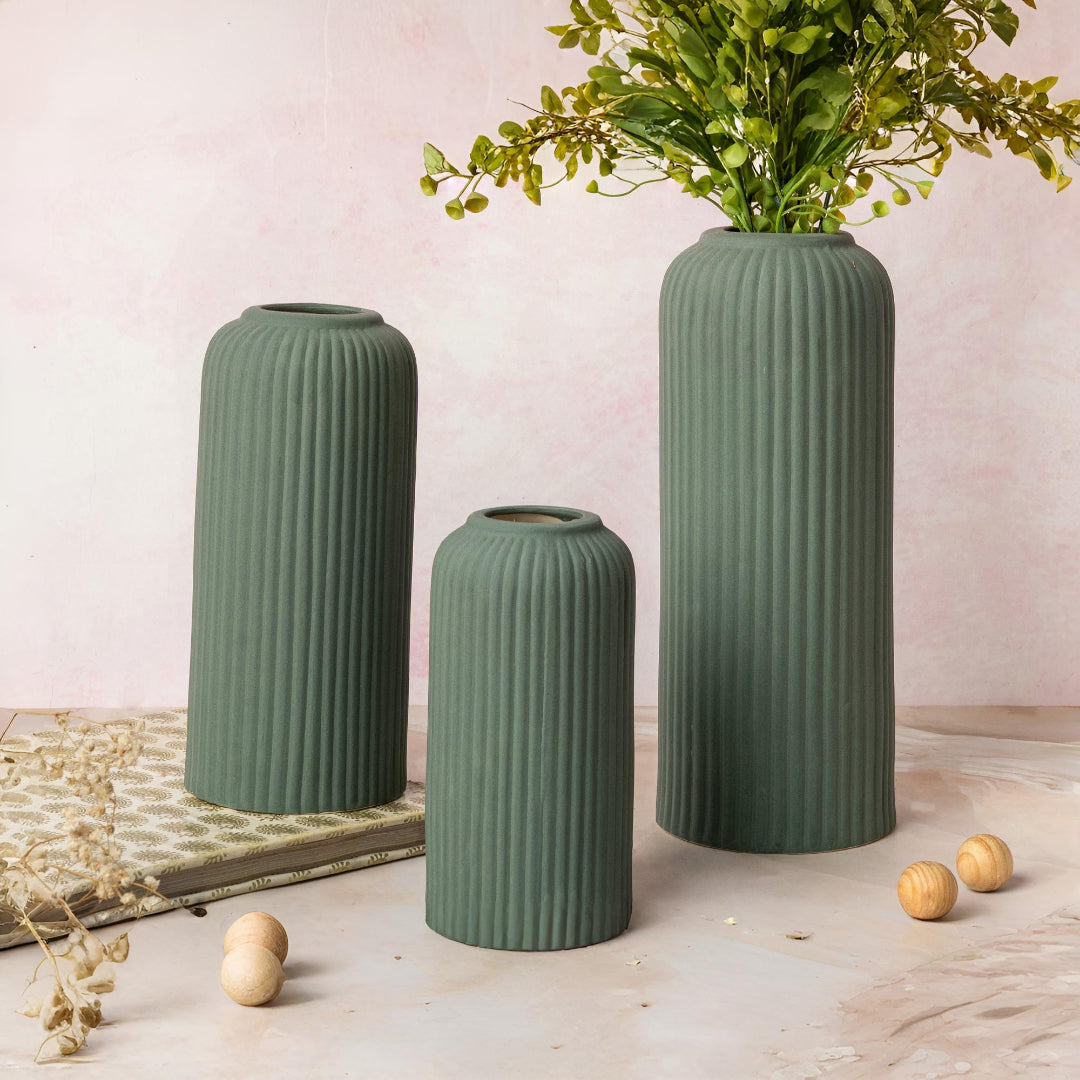 Forest Green Premium Ceramic Pipe Vase Set of 3