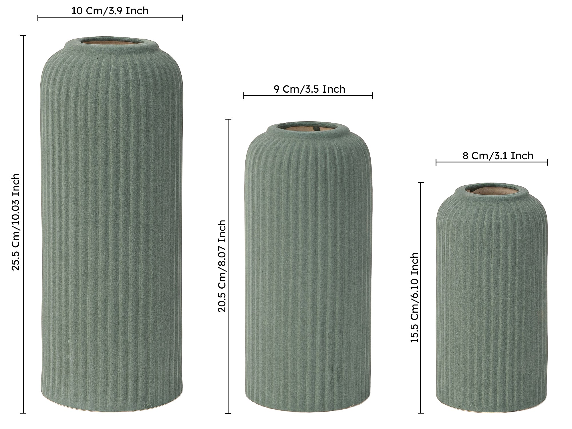 Forest Green Premium Ceramic Pipe Vase Set of 3