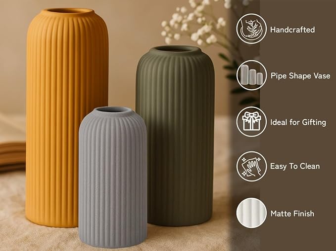 Premium Ceramic Pipe Vase Set of 3 (Multicolour)