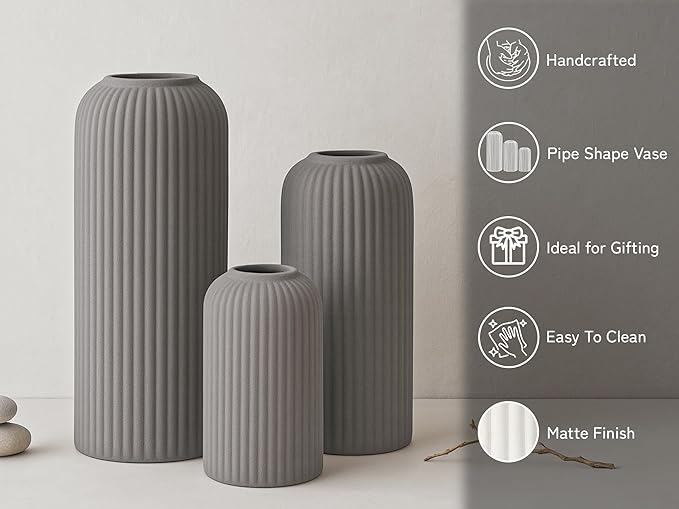 Premium Ceramic Pipe Vase Set of 3 (Grey)