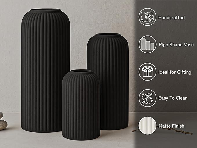 Premium Ceramic Pipe Vase Set of 3 (Black)