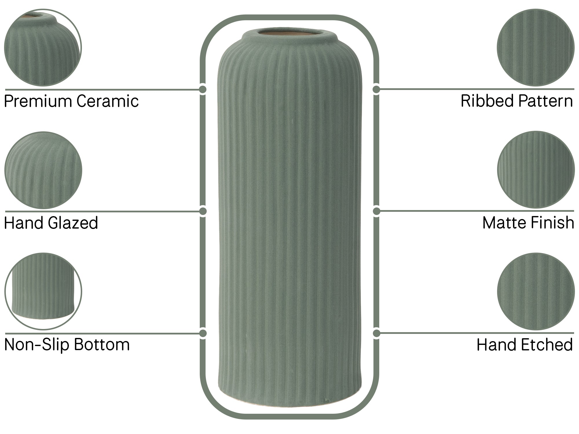 Forest Green Premium Ceramic Pipe Vase Set of 3