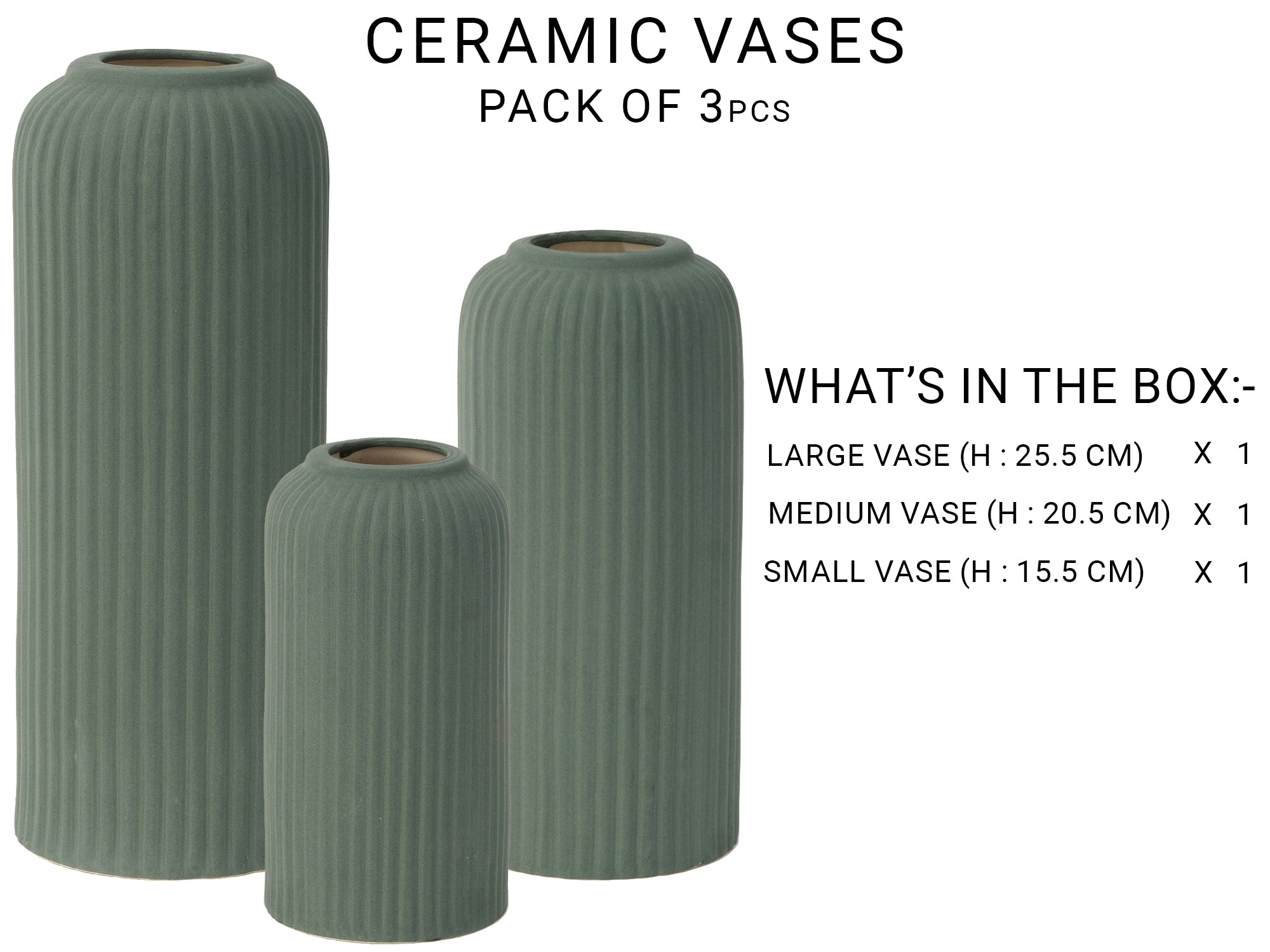 Forest Green Premium Ceramic Pipe Vase Set of 3