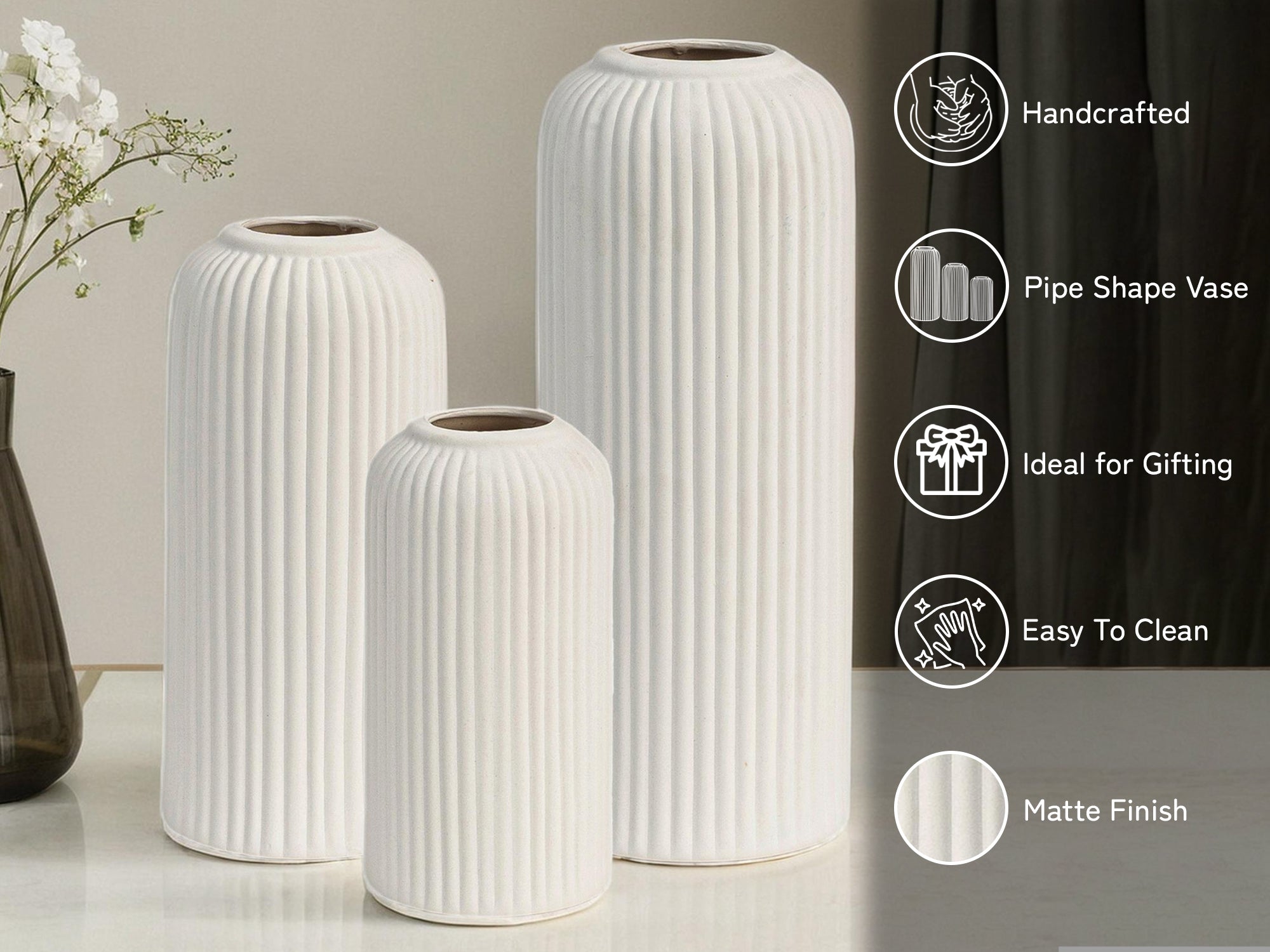 Premium Ceramic Pipe Vase Set of 3 (White)