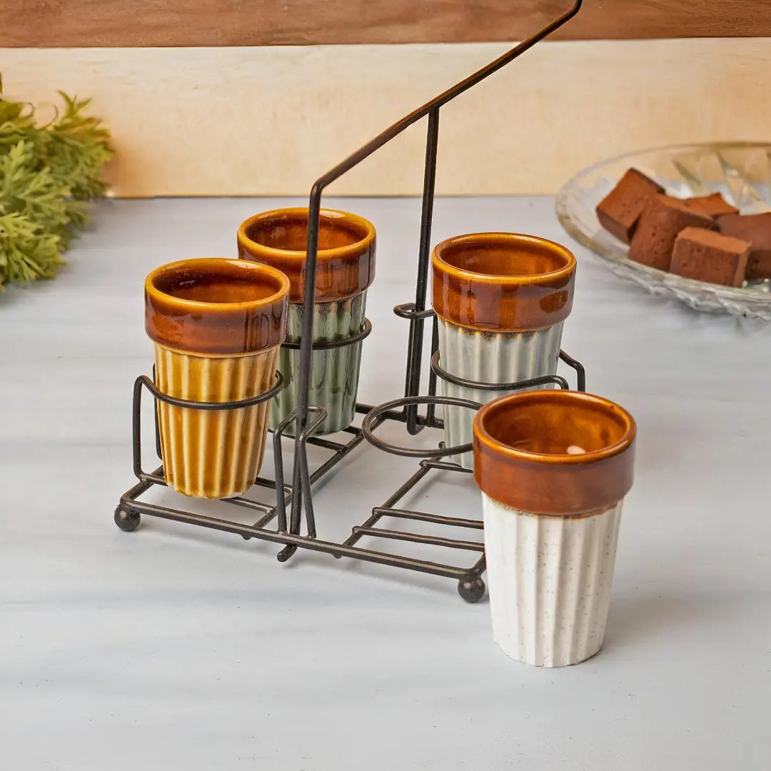Ceramic Cutting Chai Glasses Set of 4 Piece with Foldable Iron Stand Holder