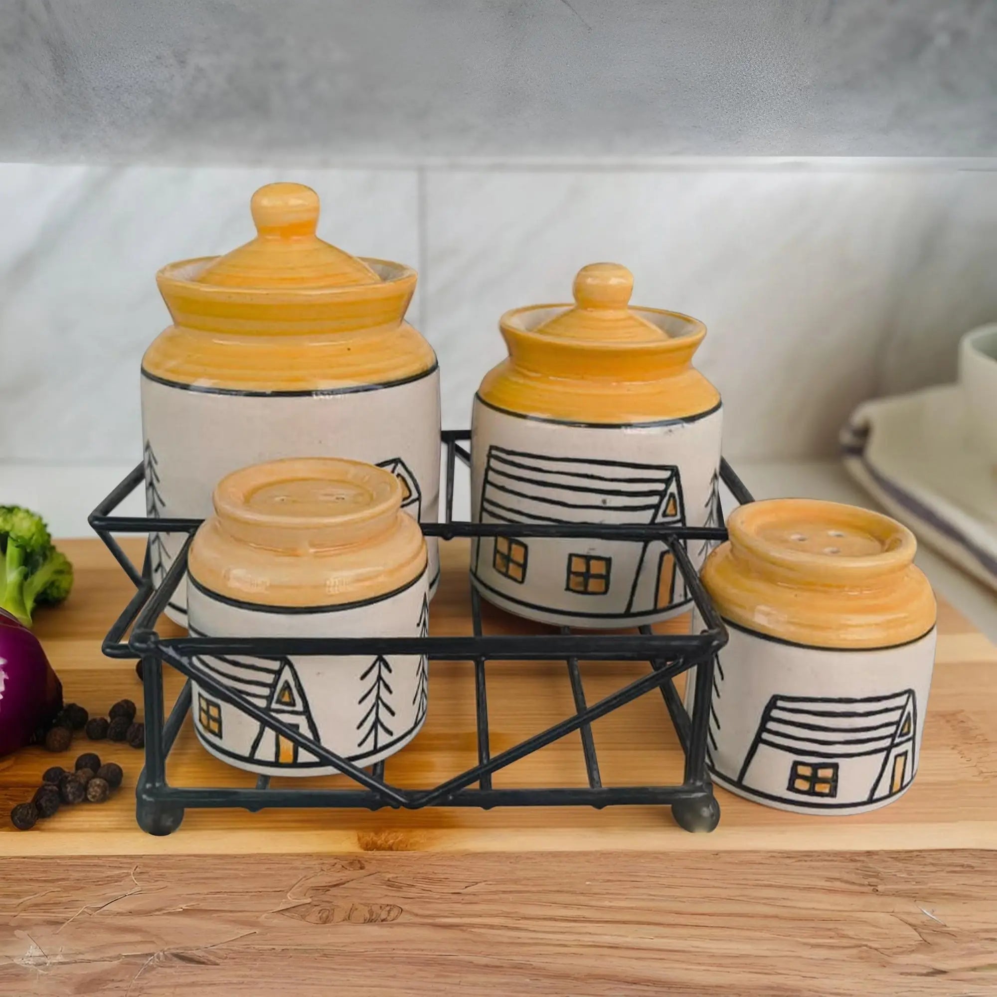 Ceramic Pickle Jar Set of 2 (300 ml & 225 ml) with Salt & Pepper Shakers & Metal Holder