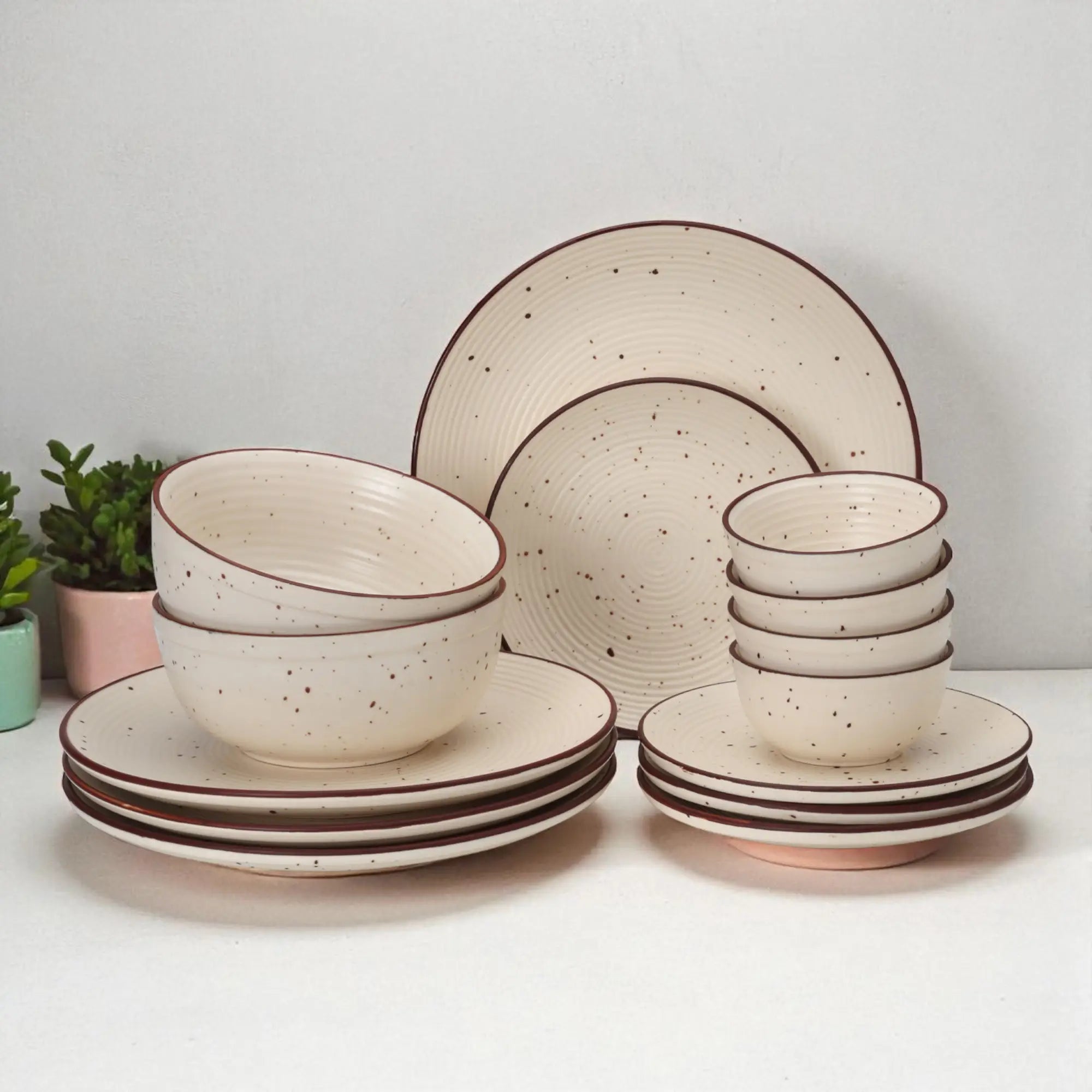 Frost Ceramic Dinner Set of 14 Pieces with Serving Bowl - 4 Dinner Plates, 4 Small Plates, 4 Bowl and 2 Serving Bowl