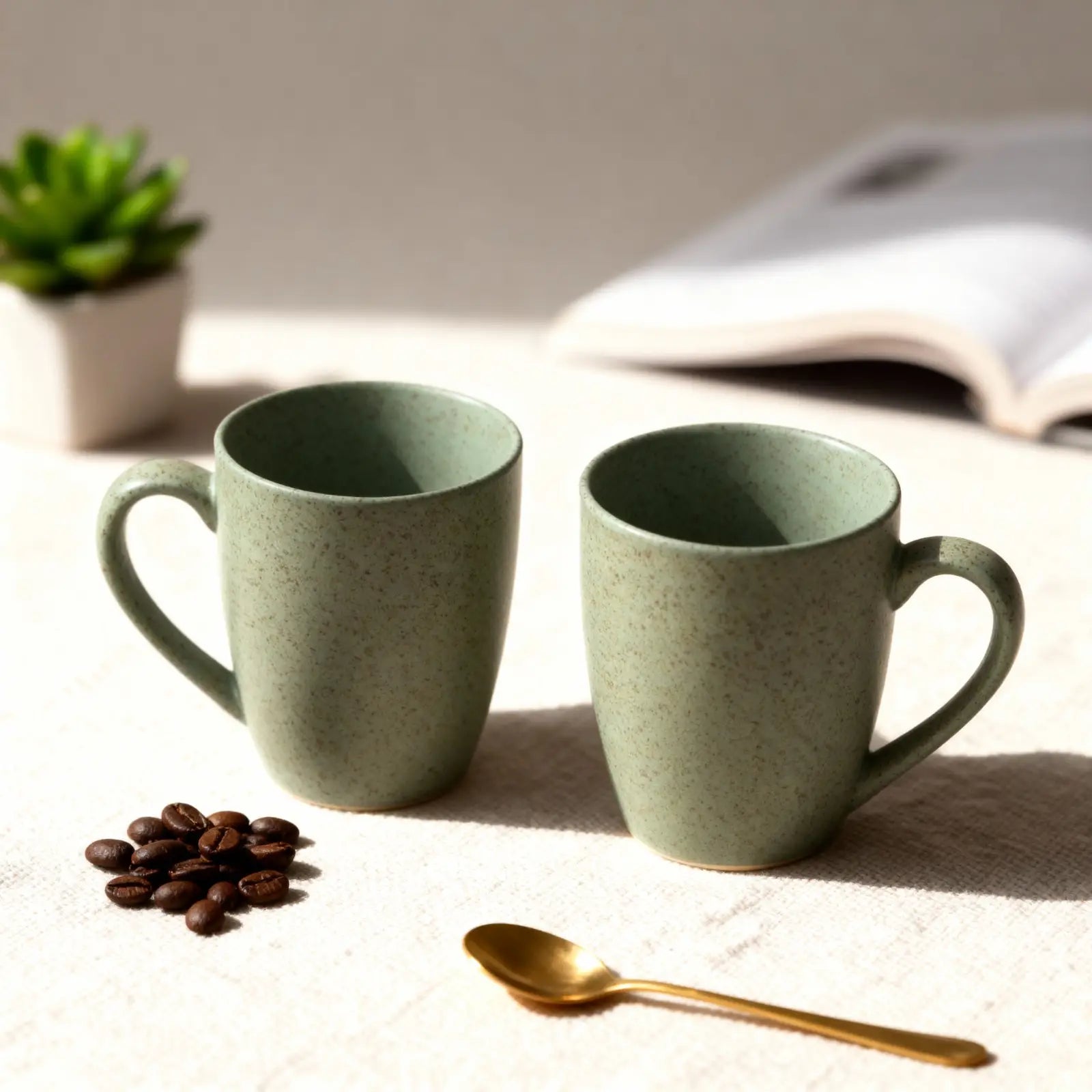 Handcrafted Ceramic Coffee Mug and Tea Cup – 300 ml (Pack of 2) (Green)