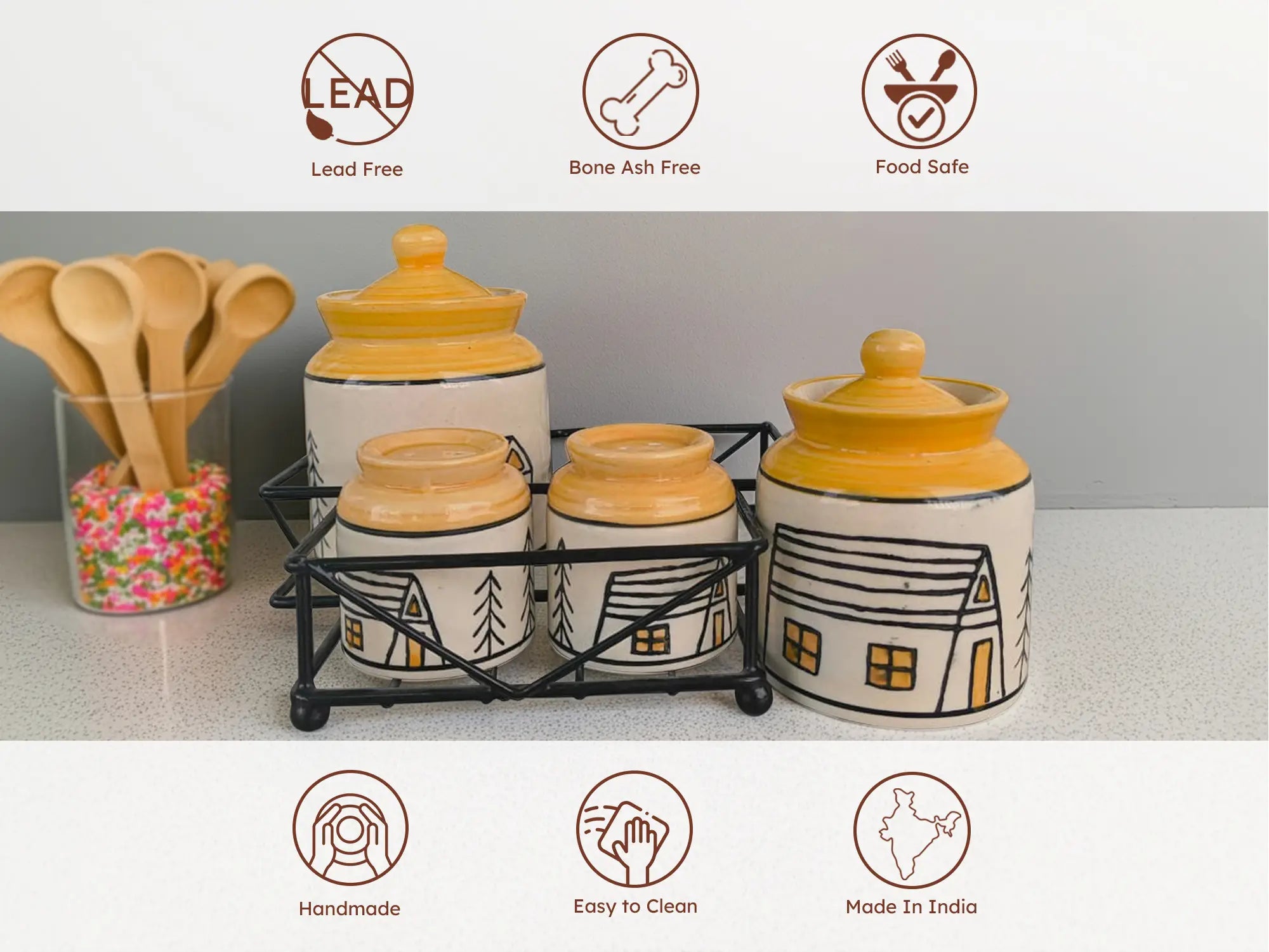 Ceramic Pickle Jar Set of 2 (300 ml & 225 ml) with Salt & Pepper Shakers & Metal Holder
