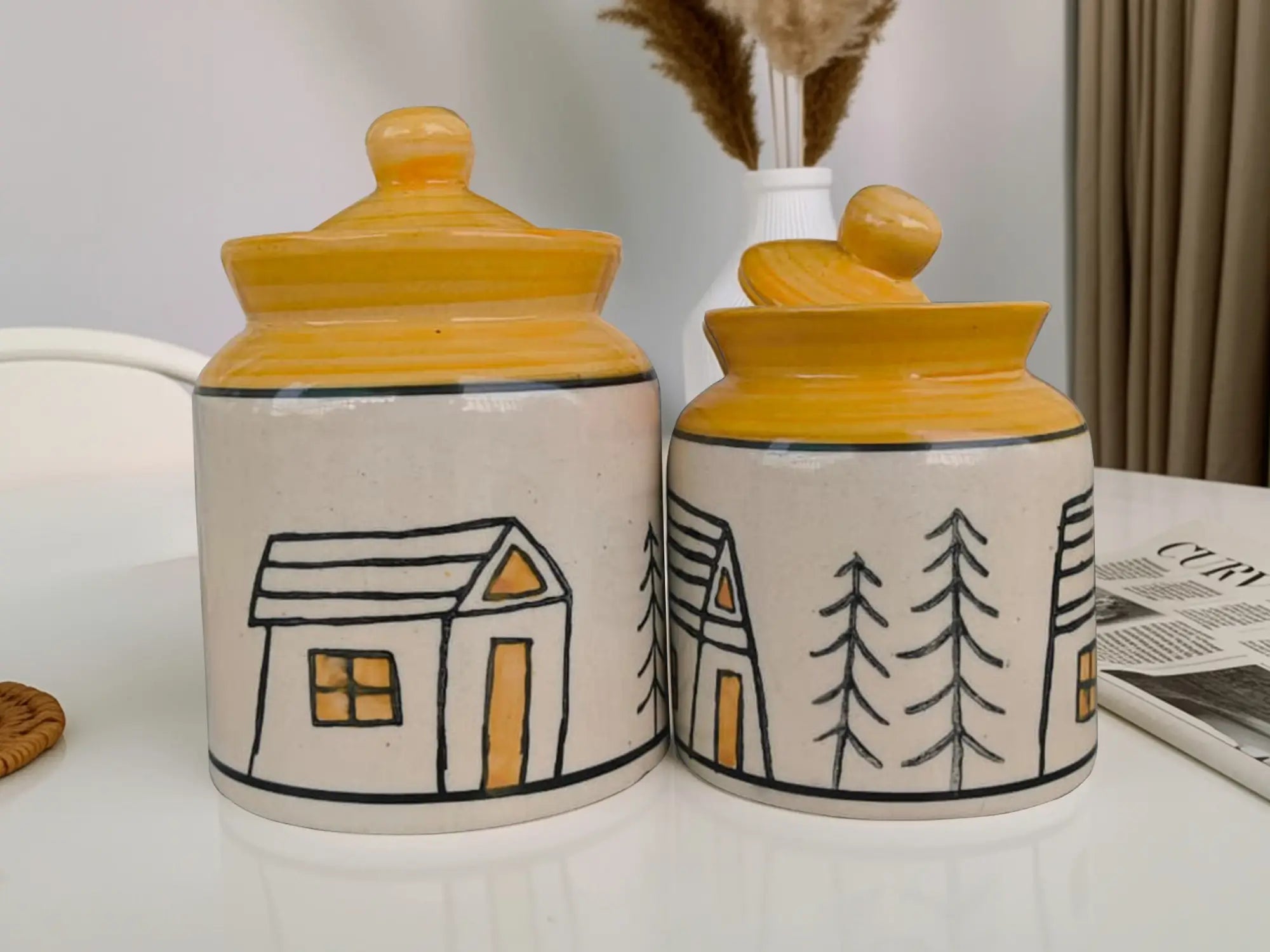 Ceramic Pickle Jar Set of 2 (300 ml & 225 ml) with Salt & Pepper Shakers & Metal Holder