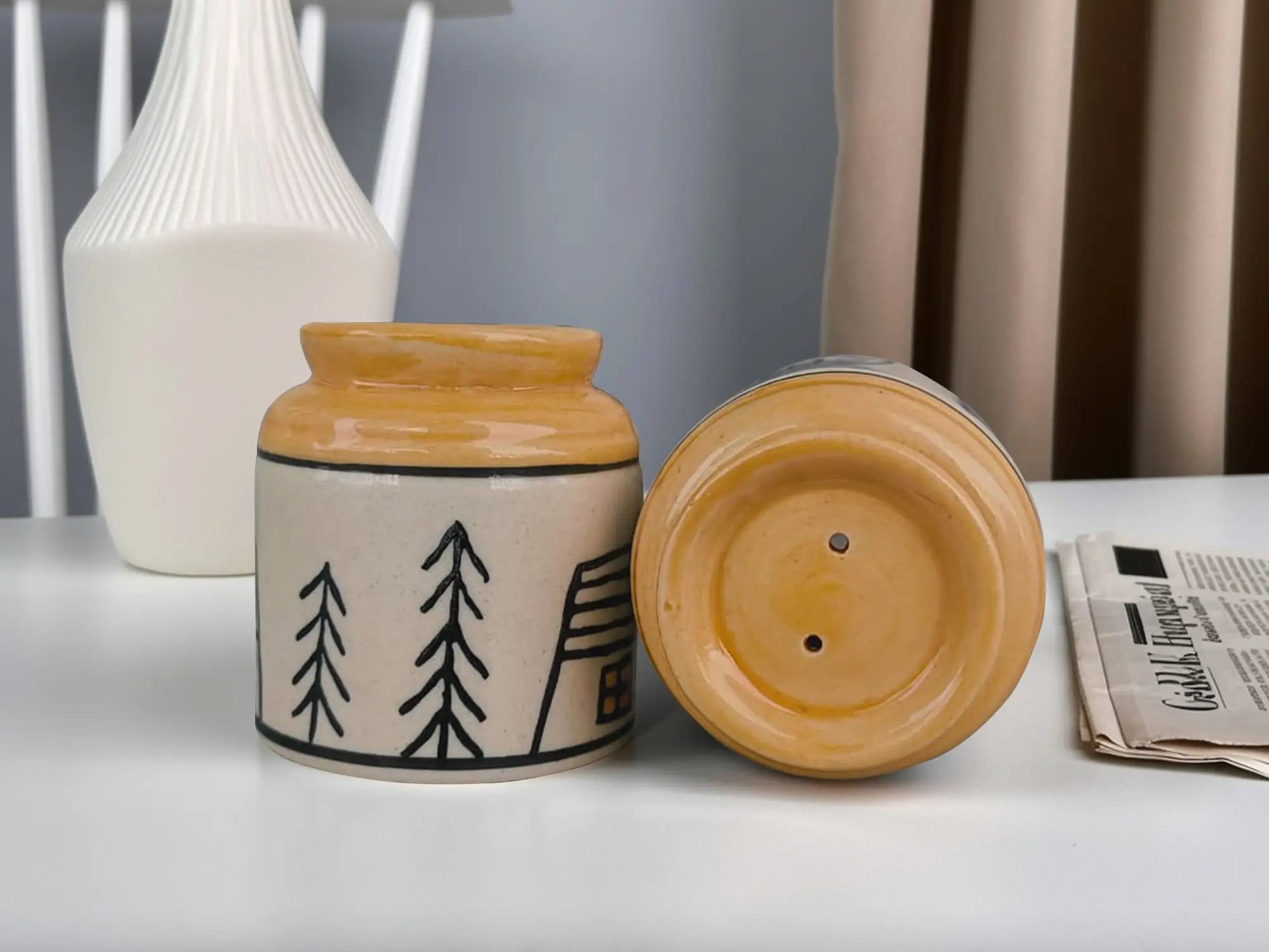 Ceramic Pickle Jar Set of 2 (300 ml & 225 ml) with Salt & Pepper Shakers & Metal Holder