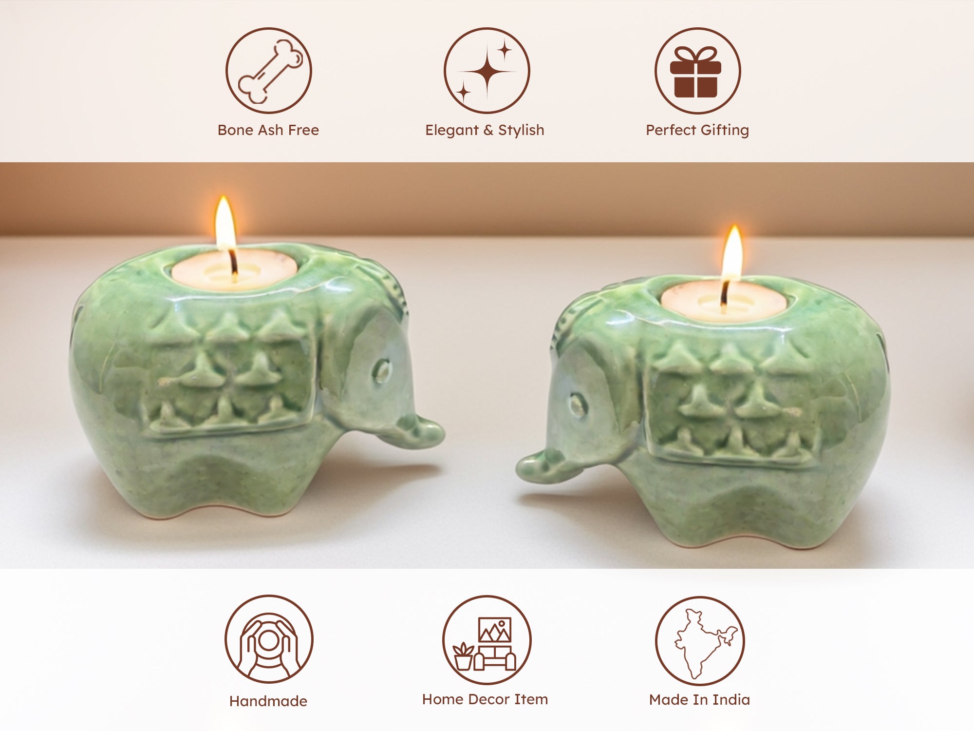 Elephant Diya Tealight Holders – Handcrafted Ceramic Set of 2 for Puja, Home Decor & Gifting (Green)