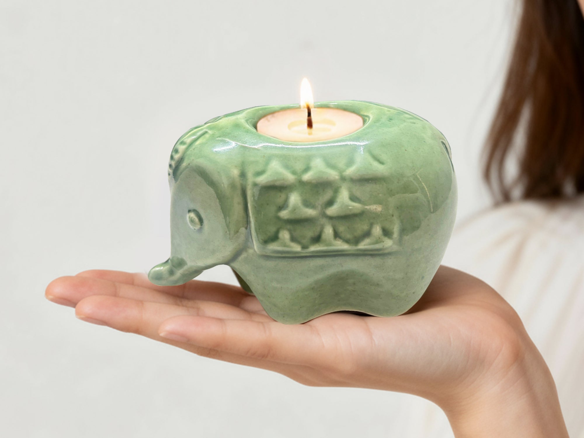 Elephant Diya Tealight Holders – Handcrafted Ceramic Set of 2 for Puja, Home Decor & Gifting (Green)