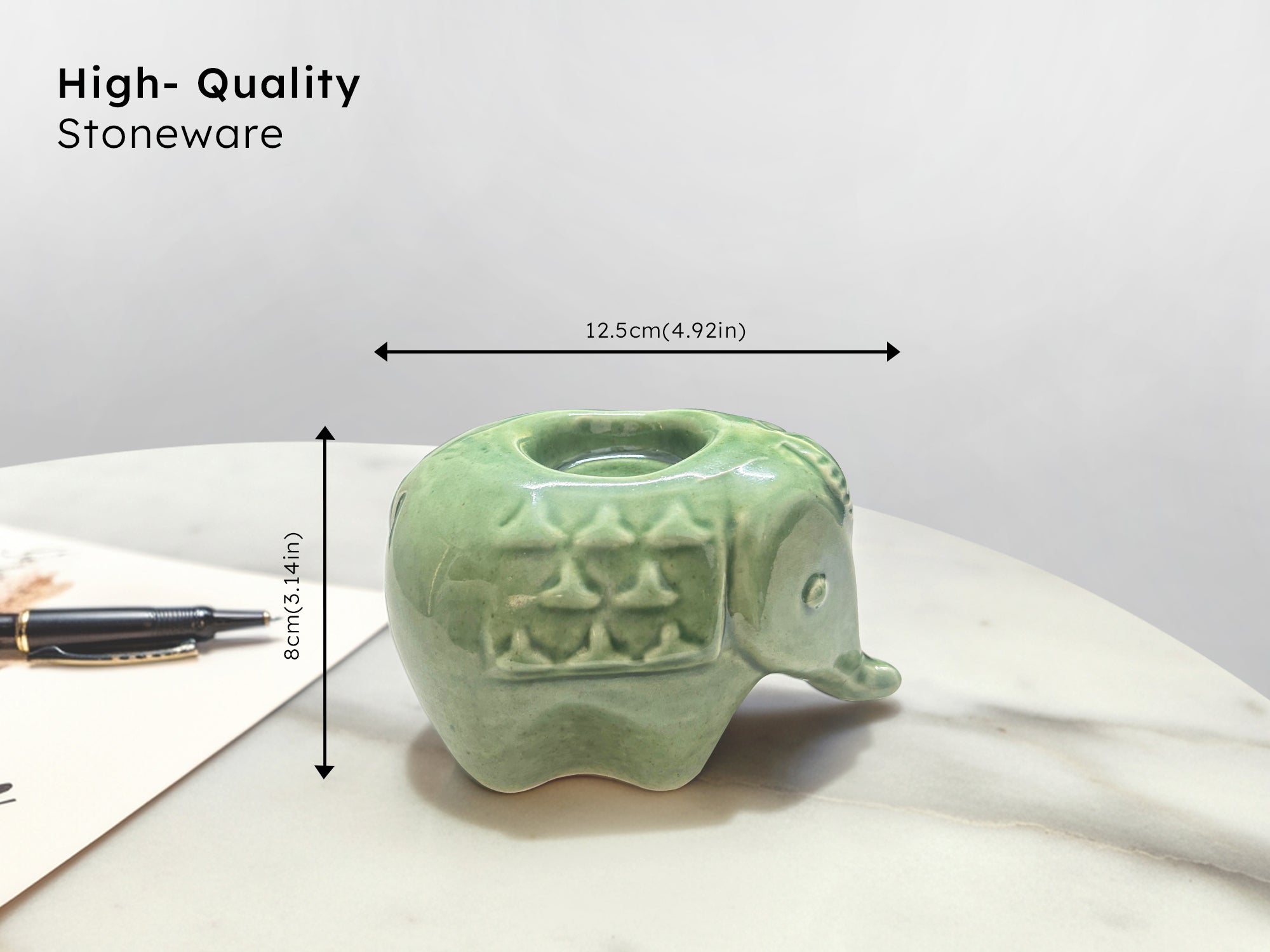 Elephant Diya Tealight Holders – Handcrafted Ceramic Set of 2 for Puja, Home Decor & Gifting (Green)
