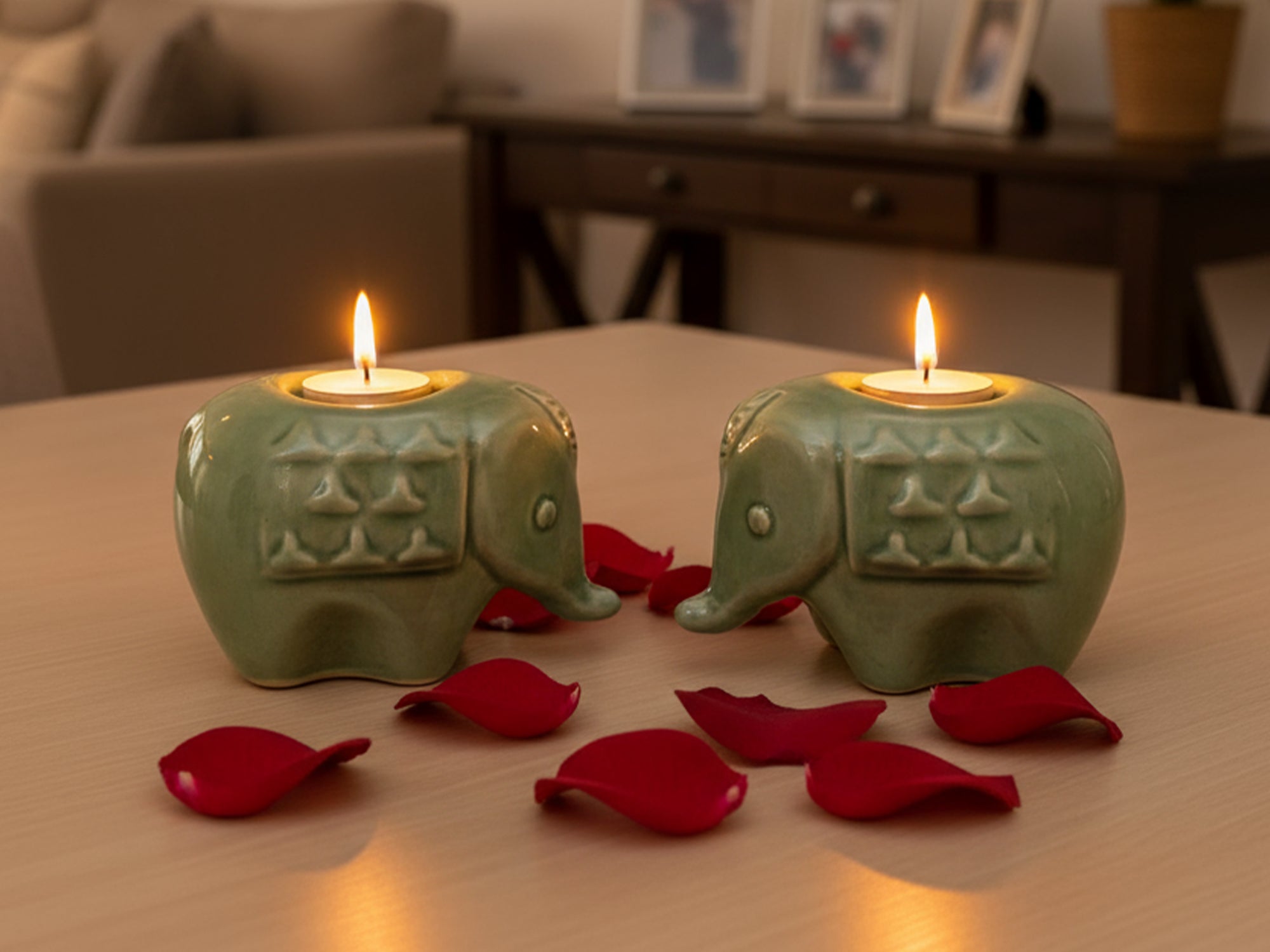 Elephant Diya Tealight Holders – Handcrafted Ceramic Set of 2 for Puja, Home Decor & Gifting (Green)