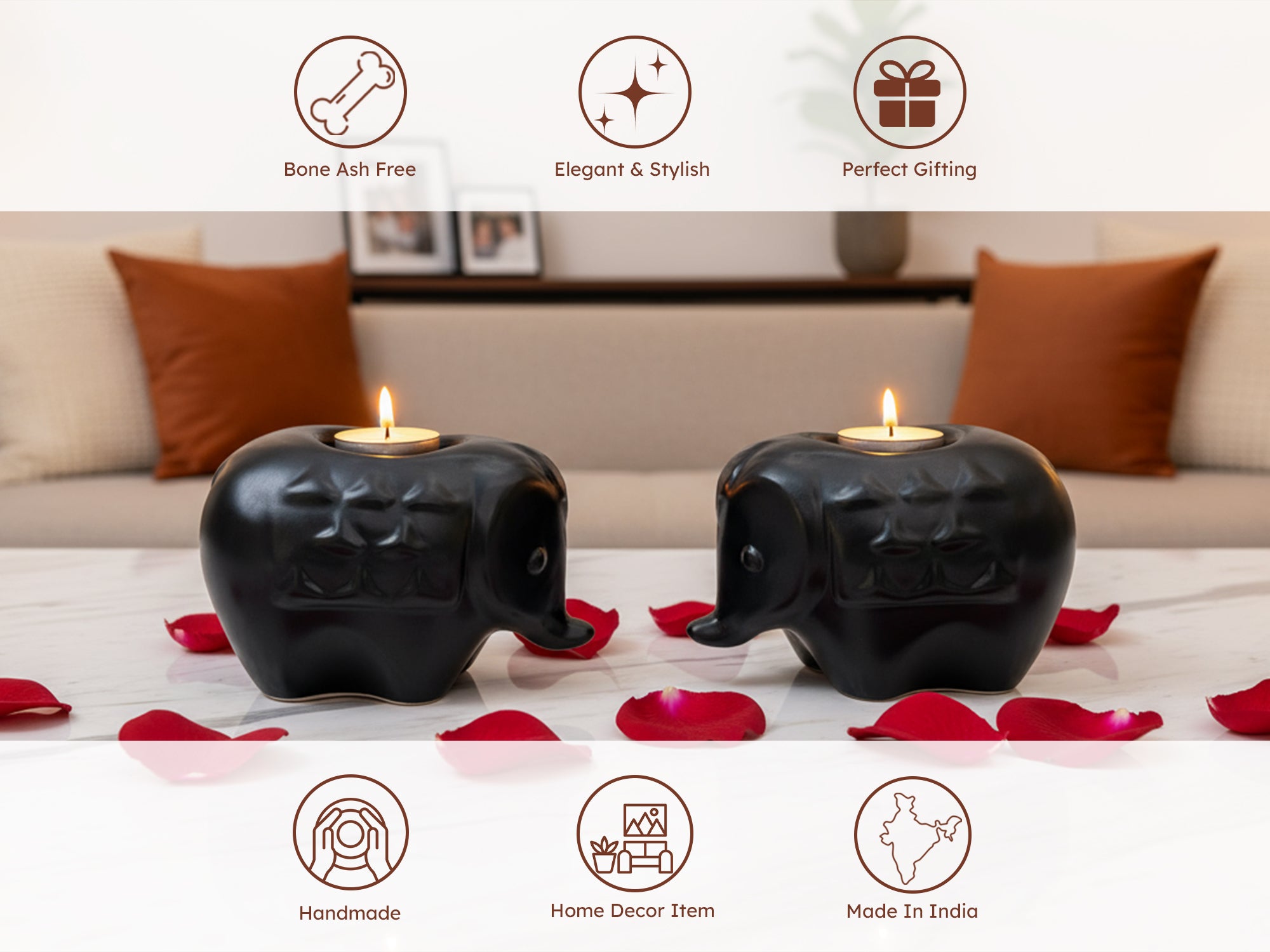 Elephant Diya Tealight Holders – Handcrafted Ceramic Set of 2 for Puja, Home Decor & Gifting (Black)
